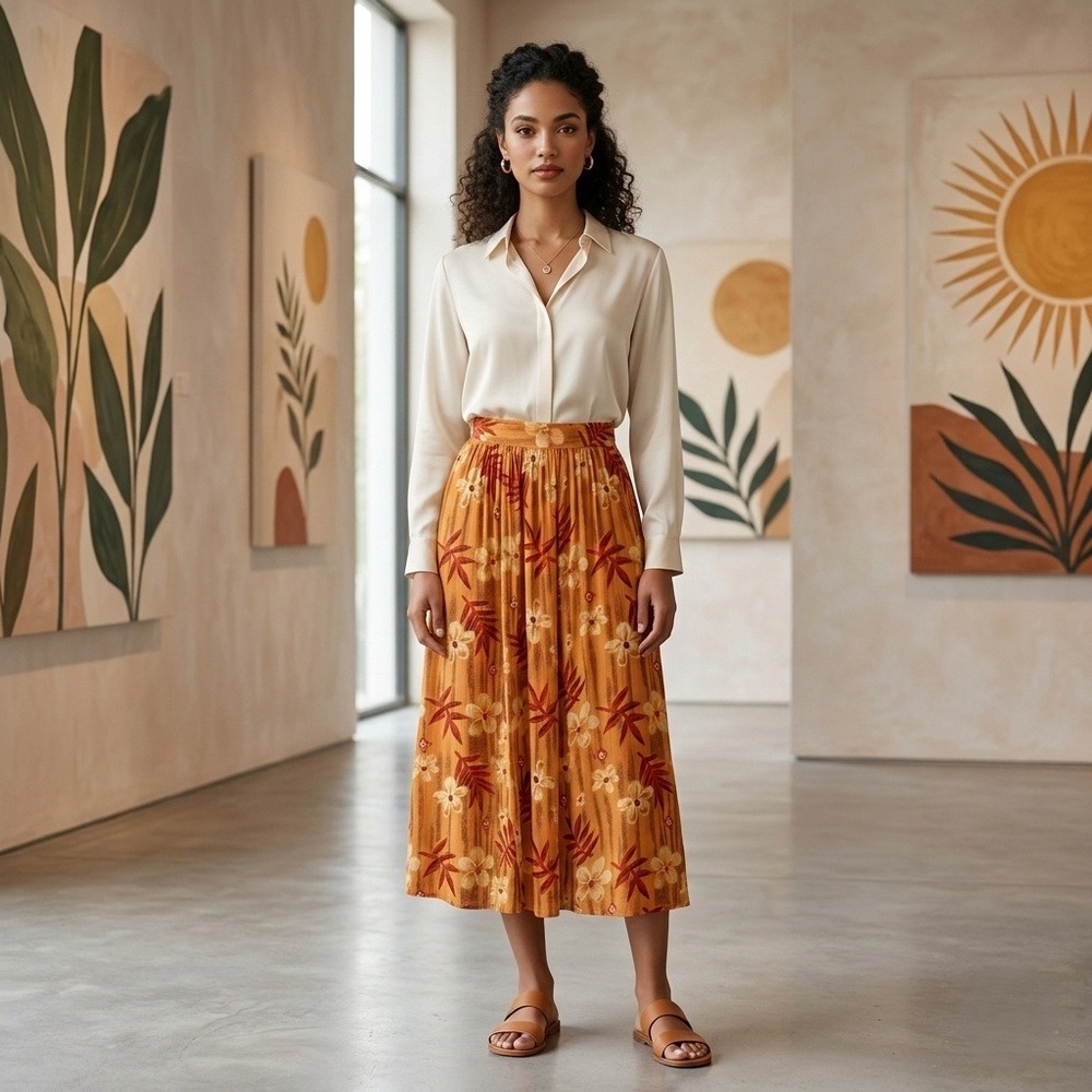 Adini Skirt Womens Sz 2X‎ Orange Floral SummerElastic Waistband Lined Rayon NWT
